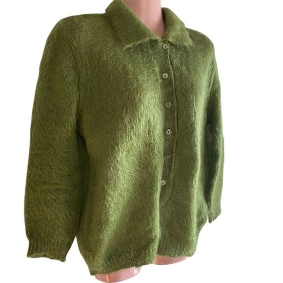Vintage 50s Bobbie Brooks Sweater Womens Large Shaggy Pullover Green Mohair Wool - Picture 2 of 6